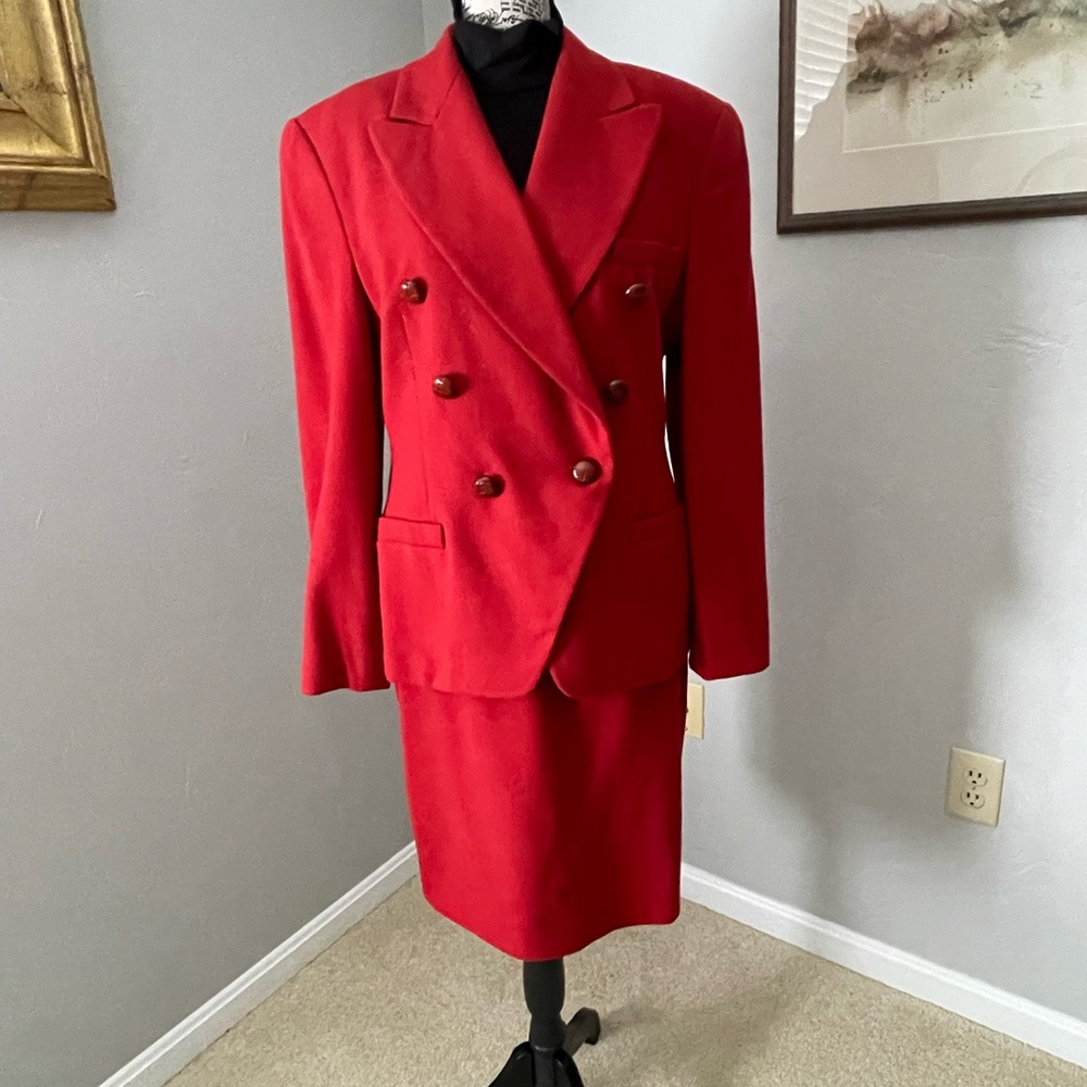 Elegant Double-Breasted Red Blazer and Skirt Set